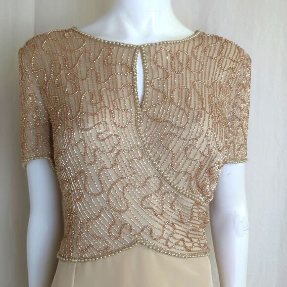 Montage Mon Cheri Tan  MOB Gown Beaded Bodice and Tan Straight Skirt Size 18 - Picture 6 of 7